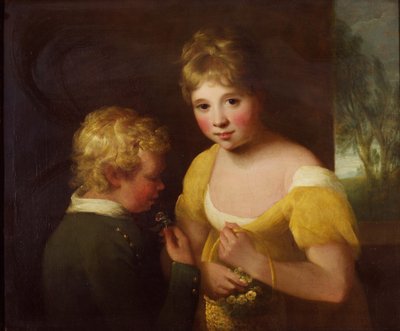 Two Children with a Basket of Flowers by William Tate