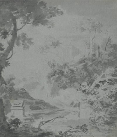 Landscape with a Distant Classical Building and a Man Fishing by William Taverner