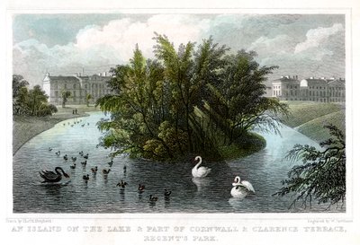 Island on the Lake and Part of Cornwall and Clarence Terraces, Regents Park, London by William Tombleson