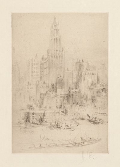 Downtown Manhattan from the East River, with the Woolworth Building by William Walcot
