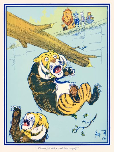 The tree fell with a crash into the gulf. from The Wonderful Wizard of Oz by L. Frank Baum by William Wallace Denslow