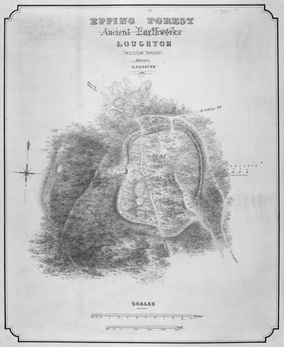 Map of the ancient earthworks at Loughton Camp made around AD 52 in Epping Forest, Essex by William d