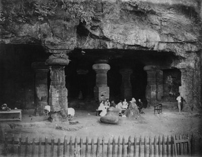 India: picnic at the entrance of the Elephanta Caves near Bombay by Willoughby Wallace Hooper