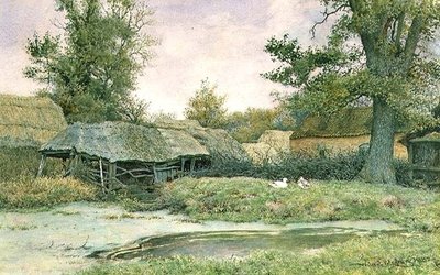 Farmyard with duck pond and ducks by Wilmot R.W.S. Pilsbury