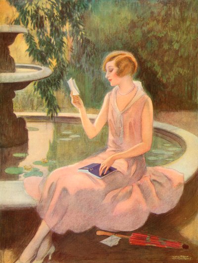 Young woman reading a love letter by a fountain, c.1925 by Wilton Williams