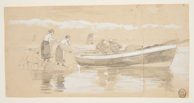 Fisherman and Women Stowing Nets in a Beached Dory, Cullercoats, England by Winslow Homer