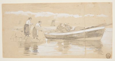 Fisherman and Women Stowing Nets in a Beached Dory, Cullercoats, England by Winslow Homer