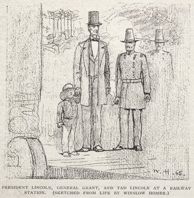 President Lincoln, General Grant, and Tad Lincoln at a Railway Station by Winslow Homer