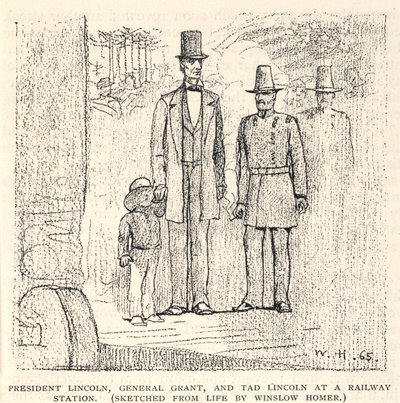 President Lincoln, General Grant, and Tad Lincoln at a Railway Station, from The Century Magazine, November 1887 by Winslow Homer