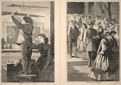 Thanksgiving Day--Hanging up the Musket/Thanksgiving Day--The Church Porch, from Frank Leslie
