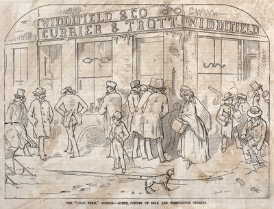 The Cold Term, Boston - Scene, Corner Milk and Washington Streets, 1858 by Winslow Homer