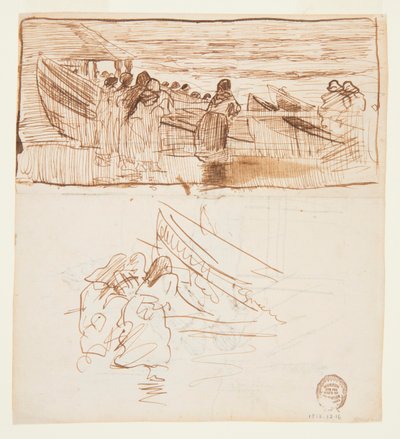 Two Studies of Women Standing behind Railing, Looking at the Launching of Dories, Cullercoats, England by Winslow Homer