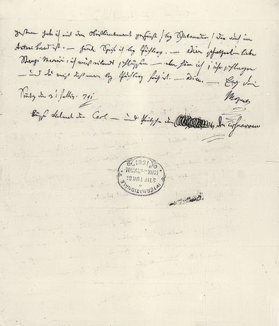Wolfgang Amadeus Mozart (1756-1791) Austrian Composer. Autograph Letter to His Wife Constanze. July 31, 1791 by Wolfgang Amadeus Mozart