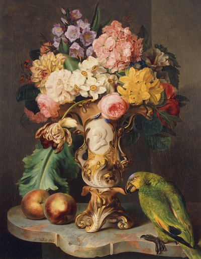 A Still-Life with a Vase of Assorted Flowers, Peaches and a Parrot on a Marble Ledge by Wolfgang Küss