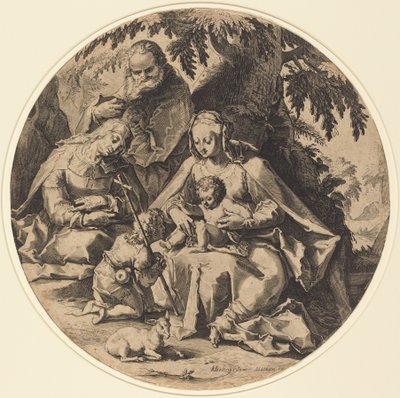 The Holy Family with Saint Elizabeth and Saint John the Baptist by Workshop of Jacob Matham, after Hendrik Goltzius
