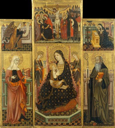 Altarpiece of the Virgin Suckling the Child, Saint Clare and Saint Anthony the Abbott by Workshop of Llorenç Saragossa