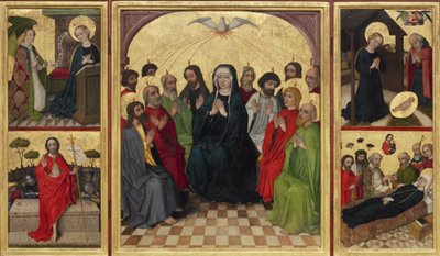 Retable of the Holy Spirit open. Pentecost, Annunciation, Nativity, Resurrection of Christ and Death of the Virgin, c. 1448 by Workshop of the Wolfgang Retable
