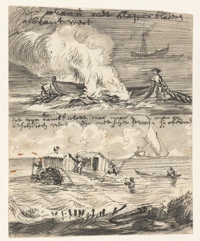Sketches of a Prau and Two Bamboo Rafts (Travel Sketches Made in India) by Wouter Schouten