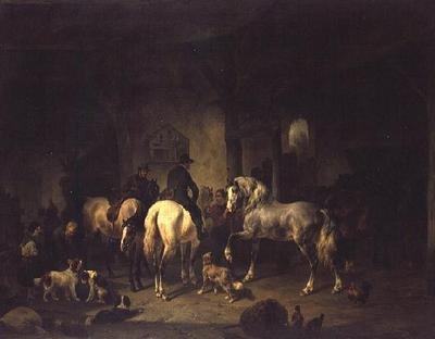 The interior of a stable with sportsmen and other animals by Wouterus Verschuur