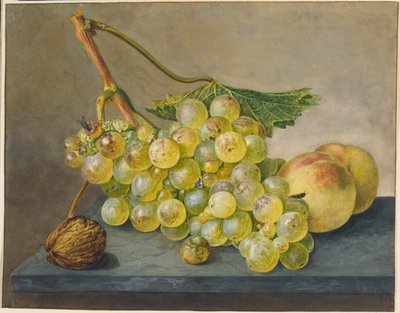 Still Life with Bunch of Grapes, Walnut and Peaches by Wybrand Hendriks