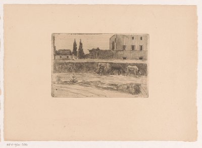 Landscape with Buildings and a Figure at Work by Xavier Mellery (attributed to)
