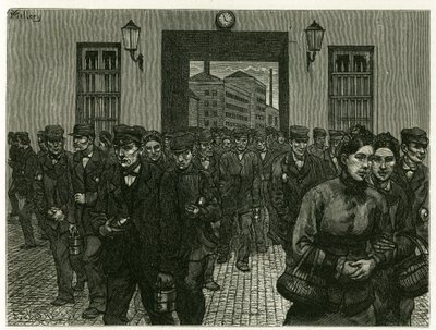 A factory exit in Ghent. Engraving by X. Mellery, after nature, to illustrate the story 