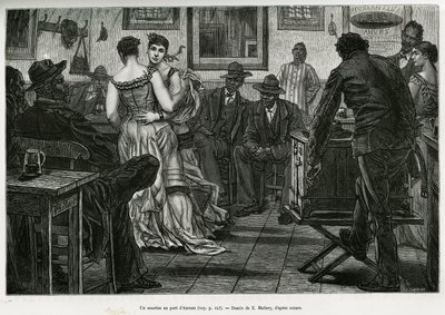 A musico at the port of Antwerp, where sailors can drink and dance to the sound of the prickly organ. Engraving by X.Mellery, to illustrate the story of Belgium, by Camille Lemonnier, published in the Tour du monde, edited by Edouard Charton (1807-1890) by Xavier Mellery