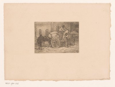 Men unloading sacks from a mule-drawn cart by Xavier Mellery