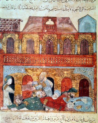 The wandering navigator Abu-Zayd and the sleeping merchants. Miniature from the Maqamat (Seances) by Abu Mohammed al-Kasim ibn Ali Hariri (1054-1122) illuminated by Yahya Mahmud al-Wasiti by Yahya ibn Mahmud Al Wasiti