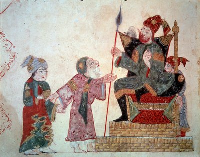 The wandering navigator Abu-Zayd and his son before the Governor. Miniature from the Maqamat (Seances) by Abu Mohammed al-Kasim ibn Ali Hariri (1054-1122) illuminated by Yahya Mahmud al-Wasiti by Yahya ibn Mahmud Al Wasiti