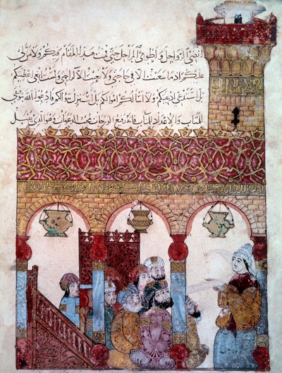 The wandering navigator Abu-Zayd in the Mosque of Basra. Miniature from the Maqamat by Abu Mohammed al-Kasim ibn Ali Hariri by Yahya ibn Mahmud Al Wasiti
