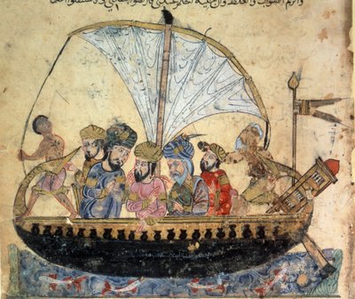 The bourgeois al-Harith, son of Hammam, and the wandering navigator Abu-Zayd on a boat sailing on the Euphrates Miniature from the 