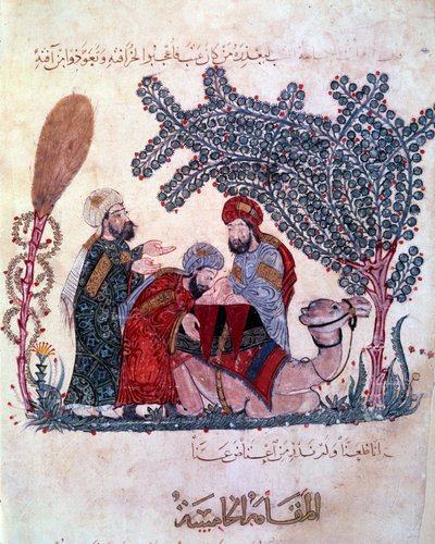 The bourgeois al-Harith, son of Hammam, discovers a message from the wandering navigator Abu-Zayd. Miniature taken from the Maqamat of Abu Mohammed al-Kasim ibn Ali Hariri by Yahya ibn Mahmud Al Wasiti