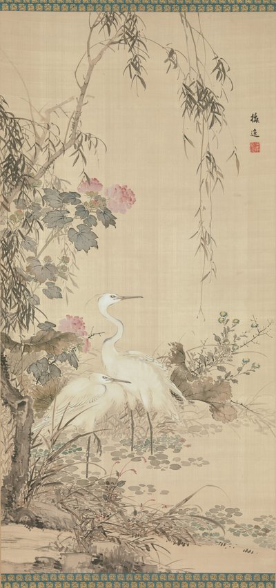 Egrets, Peonies, and Willows by Yamamoto Baiitsu