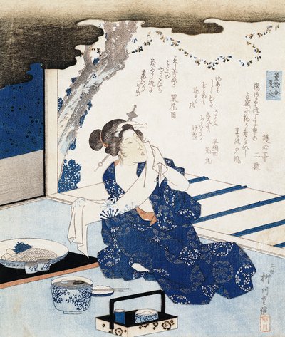 Courtesan wearing yukata, wall panel decorated with poem by Yanagawa II Shigenobu