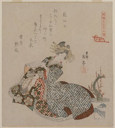 Courtesan Reading Beside a Potted Plum Tree by Yashima Gakutei