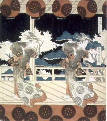 Two Dancers Perform on Stage, from The Dance at Furuichi for the Hisakataya Group series by Yashima Gakutei