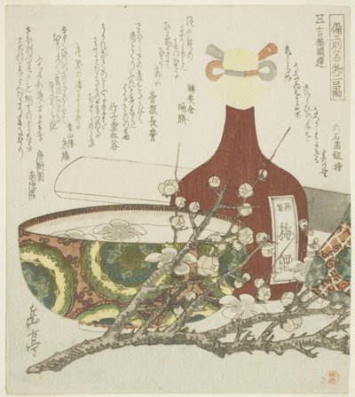 Wine bottle, bowl, and plum branch, from the series "Two Famous Products from Bizen Province" by Yashima Gakutei