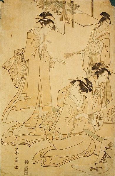 Three Ladies and a Young Man Receiving New Year Visitors by Yeisho Yeisho