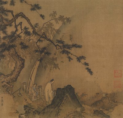 Scholar viewing a waterfall by Yuan Ma