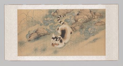Hanging scroll with poppies, butterflies, and a cat (upper part) by Yun Bing