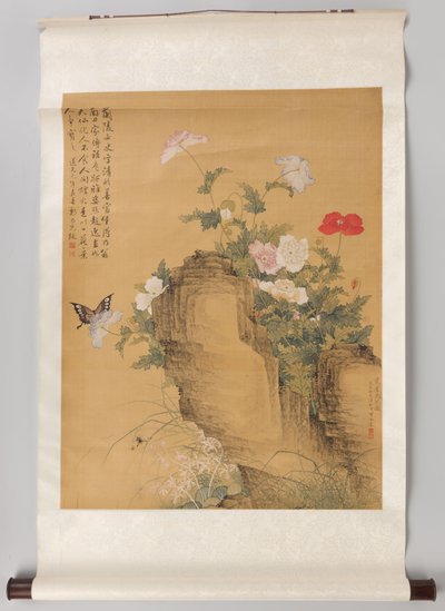 Hanging Scroll with Poppies, Butterflies, and a Cat (Upper Section) by Yun Bing