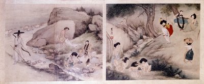 Korean art: women washing their clothes and dressing themselves by Yun bok Sin