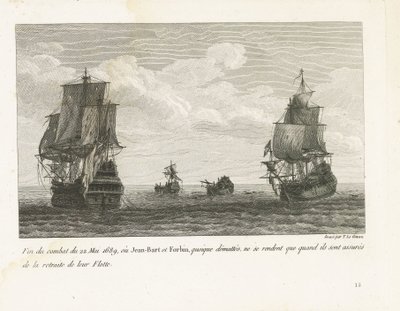 End of the Battle of Jan Bart on May 22, 1689 Fin du combat du 22 Mai 1689, ou Jean-Bart et Forbin, quoique démattés, ne se rendent que quand ils son assurés de la retraite de leur Flotte (title on object) Recueil des combats de Jean-Bart, chef d