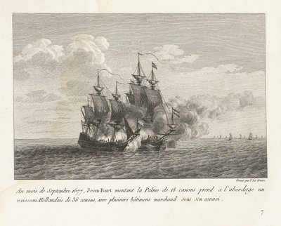 Jan Bart Captures a Dutch Frigate, 1677 (In September 1677, Jean-Bart aboard the Palme with 18 cannons captures a Dutch ship with 36 cannons, along with several merchant ships under its convoy) by Yves Marie Le Gouaz