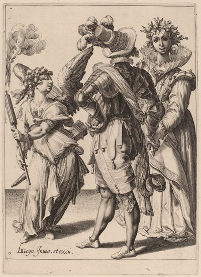 A Blindfolded Cupid Holding a Torch Before a Couple by Zacharias Dolendo after Jacques de Gheyn II