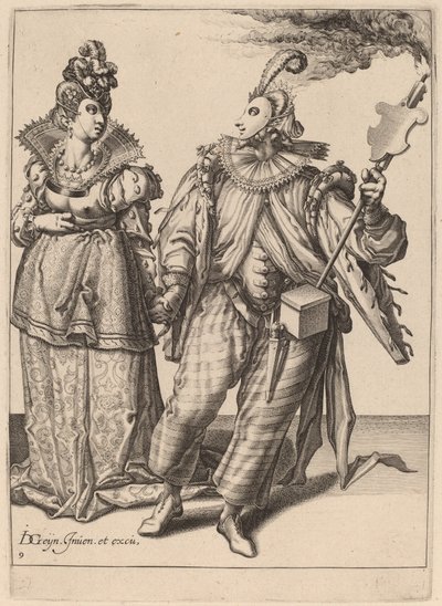 A Woman Led by a Player Holding a Torch by Zacharias Dolendo after Jacques de Gheyn II