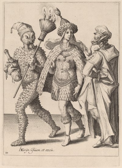 An Old Mummer Addressing a Couple Dressed in Feathers by Zacharias Dolendo after Jacques de Gheyn II