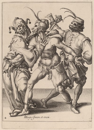 Three Dancing Mummers, Including a Jester by Zacharias Dolendo after Jacques de Gheyn II
