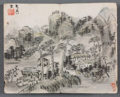 Miniature Album with Figures and Landscape (Landscape with Two Buildings) by Zeng Yandong